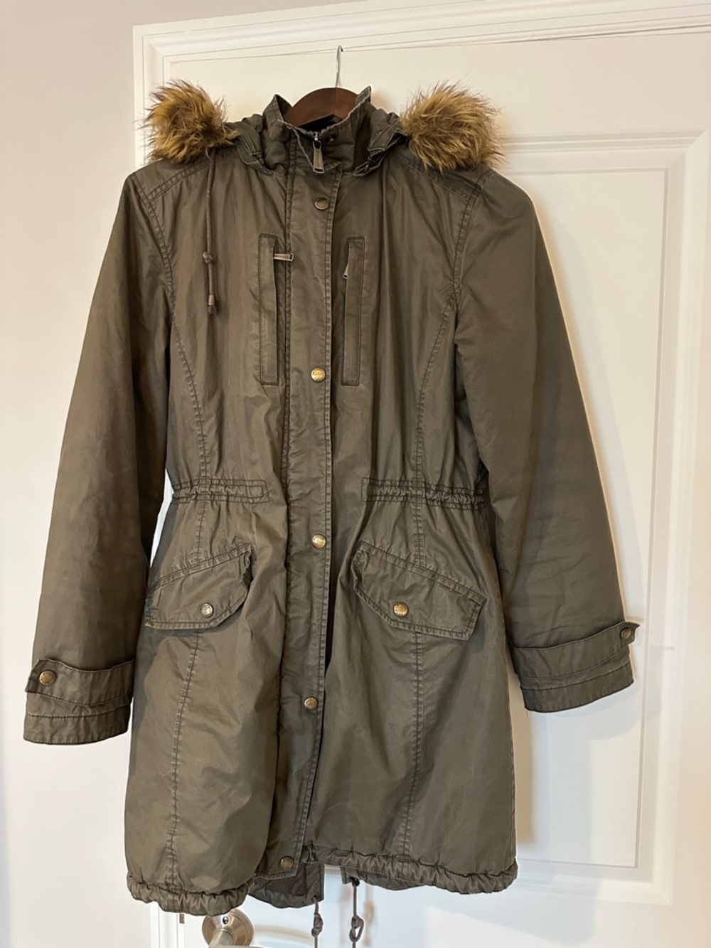 Michael Kors (S) Olive Green Hooded Coat with Faux Fur Trim